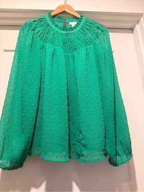 J. Crew Emerald Green Swiss Dot Smocked-Neck Blouse